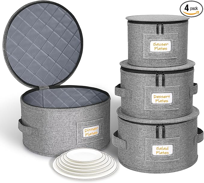 punemi China Storage Containers, Dish Storage with Rigid Top Side Bottom Support & Felt Dividers for Charger Plates Dinnerware, Perfect for Moving Supplies, 4PCS Stackable Fine China Storage, Gray
