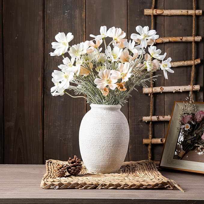 8 Inch White Ceramic Vase - Rustic Vintage Decorative Vase for Home - Farmhouse Pottery Vase for Flowers - Modern Vintage Dining Table Centerpiece, Lyeec Vases Set