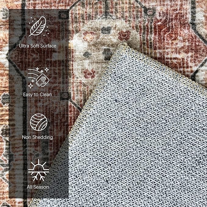 Vintage 5' x 7' Washable Area Rug - Stylish Indoor Rug for Living, Dining or Bedroom - Lightweight Carpet with Non-Slip Backing - Foldable for Easy Placement and Maintenance - Ivory