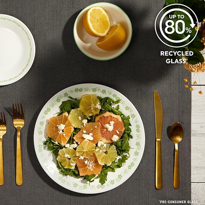 Corelle Vitrelle 18 Piece Glass Dinnerware Sets Service for 6, Triple Layer Chip & Crack Resistant Glass Plate and Bowl Sets, Spring Blossom Green
