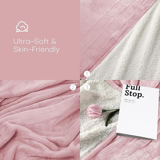 Electric Heated Blanket Throw Size 50"x60" - Flannel & Sherpa Fabric Dual-Sided, 6 Heat Settings & 3 Hours Auto Off, Soft & Cozy Warming Throw for Home, Office, or Bed, Machine Washable, Light Pink