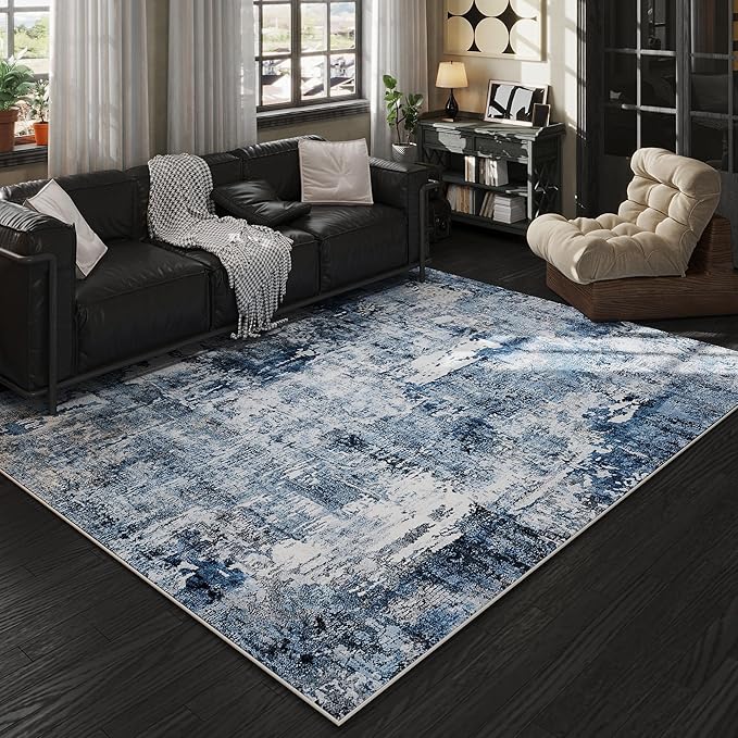 Rugcomf Area Rug 5x7 Washable Rug Boho Soft Abstract Pattern Non-Slip Non-Shedding Faux Wool Vintage for Living Room, Bedroom, Farmhouse, Dining Room, Indoor, Kids Playroom, Blue
