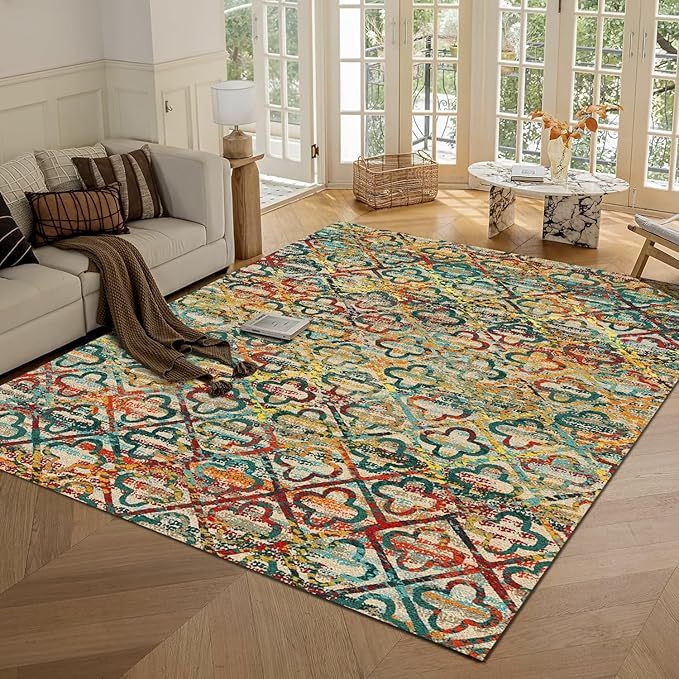 RUGSURE Washable Area Rugs, 9' x 12' - 1/6 Thick - Stain & Water Resistant Non-Slip - Perfect Resistant Rug for Living Room, Bedroom, Nursery, Pet & Child Friendly, Vibrant Colors Rugs, Multicolor