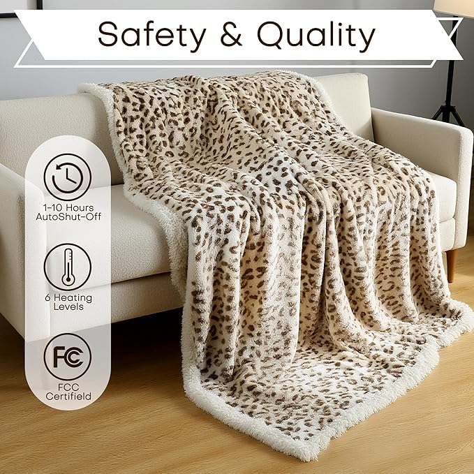 Electric Heated Blanket Twin Size 62"x84" - Microplush & Sherpa Fabric Dual-Sided, 6 Heat Settings & 10 Hours Auto Off, Cozy Warming Throw for Office or Bed, Machine Washable, Beige Leopard Print
