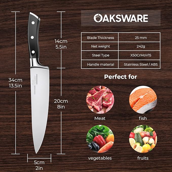 OAKSWARE Chef Knife, 8" Kitchen Knife for Cutting & Cooking, High Carbon German Steel Razor Sharp Knives, Professional Meat Knife with Full-Tang Handle