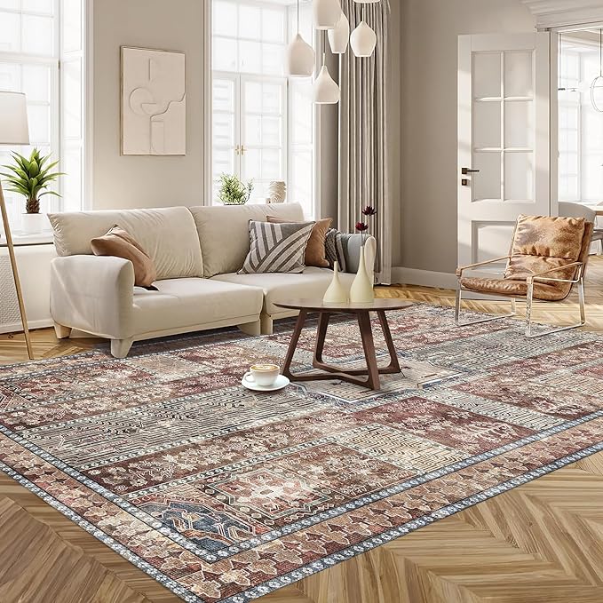 Vintage 3' x 5 ' Washable Area Rug - Stylish Indoor Rug for Living, Dining or Bedroom - Lightweight Carpet with Non-Slip Backing - Foldable for Easy Placement and Maintenance - Rust