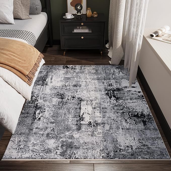 Rugcomf 3x5 Washable Boho Soft Area Rug - Abstract Pattern, Non-Slip, Non-Shedding Faux Wool Vintage Rug for Bedside, Bedroom, Kitchen, Indoor, Grey and Black