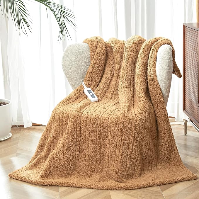 Heated Throw Blanket Double Sided Sherpa, Soft Heating Electric Blanket for Bed, Automatic Safety System, 6 Heating Levels & 4 Hours Auto-Off, 50"x60" Camel