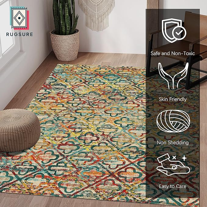 RUGSURE Washable Area Rugs, 9' x 12' - 1/6 Thick - Stain & Water Resistant Non-Slip - Perfect Resistant Rug for Living Room, Bedroom, Nursery, Pet & Child Friendly, Vibrant Colors Rugs, Multicolor