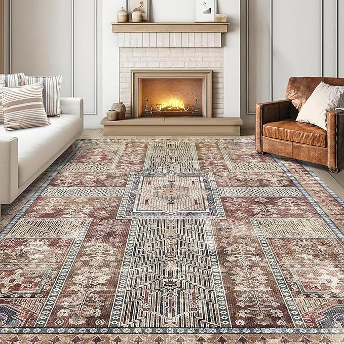 Vintage 9' x 12' Washable Area Rug - Stylish Indoor Rug for Living, Dining or Bedroom - Lightweight Carpet with Non-Slip Backing - Foldable for Easy Placement and Maintenance - Rust