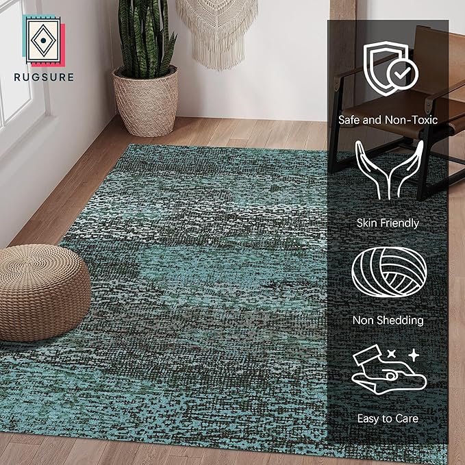 RUGSURE Washable Area Rug - 1/6 Thick - Stain & Water Resistant Non-Slip - Resistant Rug for Living Room, Bedroom, Nursery, Pet & Child Friendly, Vintage Charm Area Rugs (Green, 5' x 7')