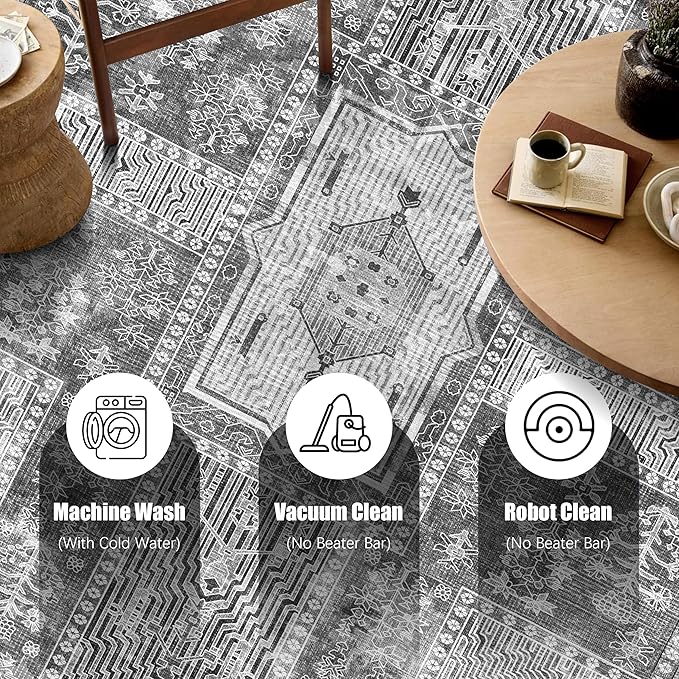 Vintage 9' x 12' Washable Area Rug - Stylish Indoor Rug for Living, Dining or Bedroom - Lightweight Carpet with Non-Slip Backing - Foldable for Easy Placement and Maintenance - Grey