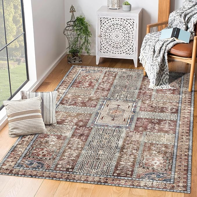 Vintage 3' x 5 ' Washable Area Rug - Stylish Indoor Rug for Living, Dining or Bedroom - Lightweight Carpet with Non-Slip Backing - Foldable for Easy Placement and Maintenance - Rust