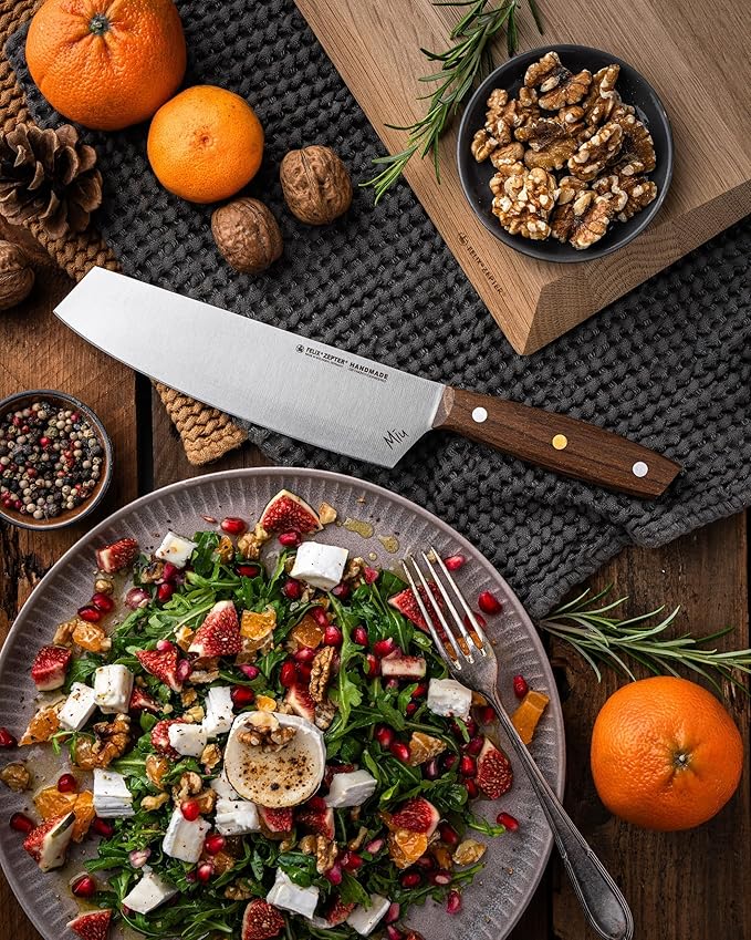 Zepter Felix MIU Chef Knife, 8in long global kitchen knife. Butcher knife for meat cutting, vegetable&bread slicing. Chef's walnut handle, sharp carbon steel, handmade Germany cooking tools est. 1790