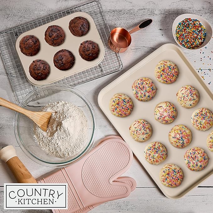 Country Kitchen Nonstick Stackable Bakeware Set - Deluxe Heavy Duty, Durable, Easy Release Baking Set, Pink, 13 Pcs with Handles