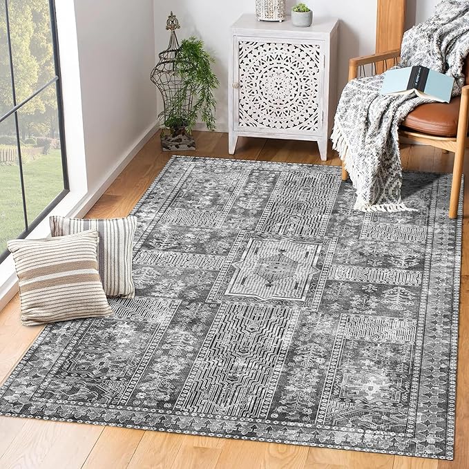 Vintage 8' x 10' Washable Area Rug - Stylish Indoor Rug for Living, Dining or Bedroom - Lightweight Carpet with Non-Slip Backing - Foldable for Easy Placement and Maintenance - Grey