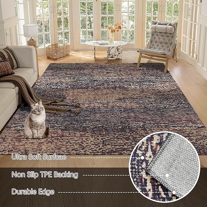 RUGSURE Washable Area Rug - 1/6 Thick - Stain & Water Resistant Non-Slip - Resistant Rug for Living Room, Bedroom, Nursery, Pet & Child Friendly, Vintage Charm Area Rugs (Rust, 5' x 7')