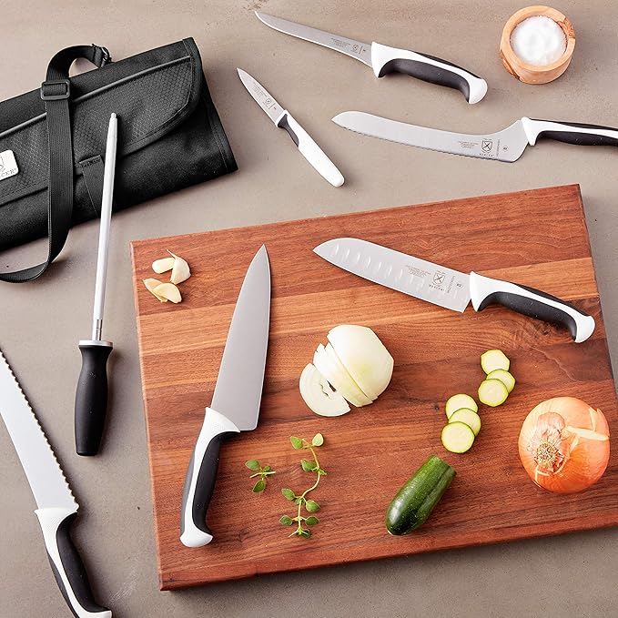 Mercer Culinary Millennia 8-Piece Knife Roll Set, White Handles