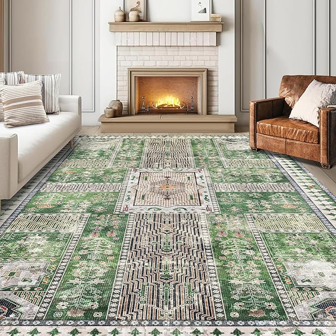 Vintage 6' x 9' Washable Area Rug - Stylish Indoor Rug for Living, Dining or Bedroom - Lightweight Carpet with Non-Slip Backing - Foldable for Easy Placement and Maintenance - Green