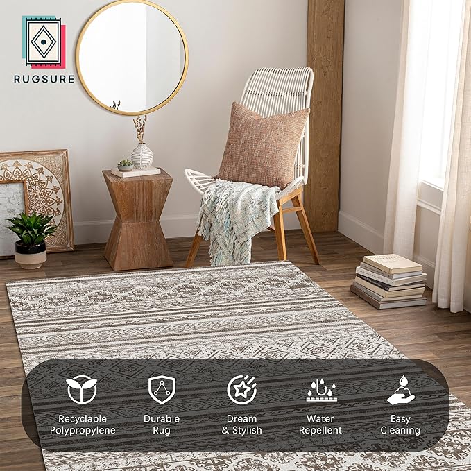 RUGSURE Washable Area Rugs 8' x 10' - 1/6 Thick - Moroccan-Inspired -Stain & Water Resistant Non-Slip - Resistant Rug for Living Room, Bedroom, Nursery, Pet & Child Friendly (Brown)