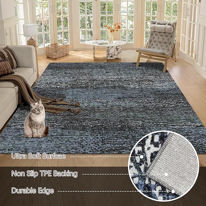 RUGSURE Washable Area Rug - 1/6 Thick - Stain & Water Resistant Non-Slip - Resistant Rug for Living Room, Bedroom, Nursery, Pet & Child Friendly, Vintage Charm Area Rugs (Darkgrey+Bule, 3' x 5 ')
