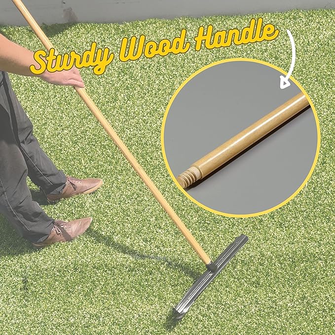Room Groom Carpet Rake and Groomer with Wood 60" Handle, Sturdy Design, Carpet Brush Ideal for Pet Hair, Refreshing High Pile Carpets, Rugs, and Artificial Turf