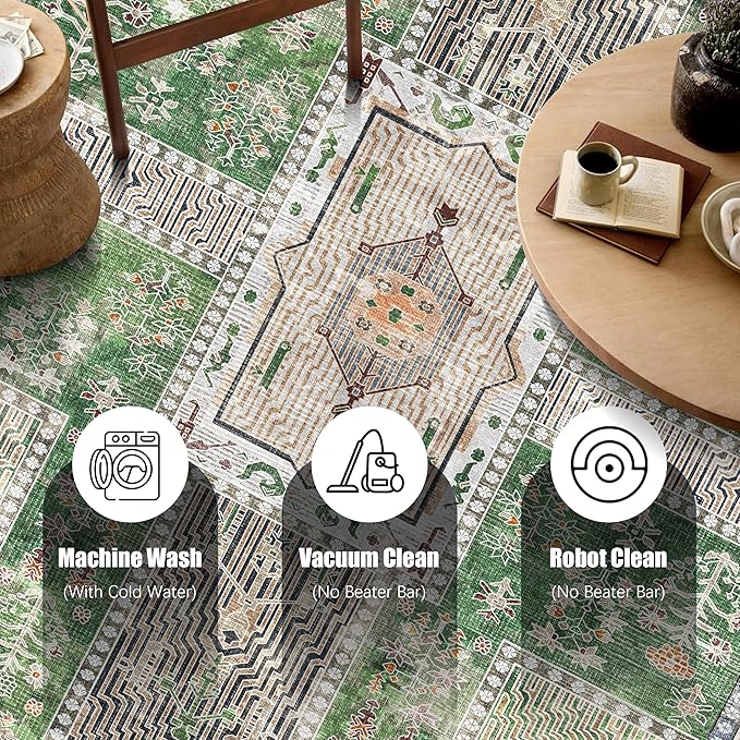 Vintage 6' x 9' Washable Area Rug - Stylish Indoor Rug for Living, Dining or Bedroom - Lightweight Carpet with Non-Slip Backing - Foldable for Easy Placement and Maintenance - Green