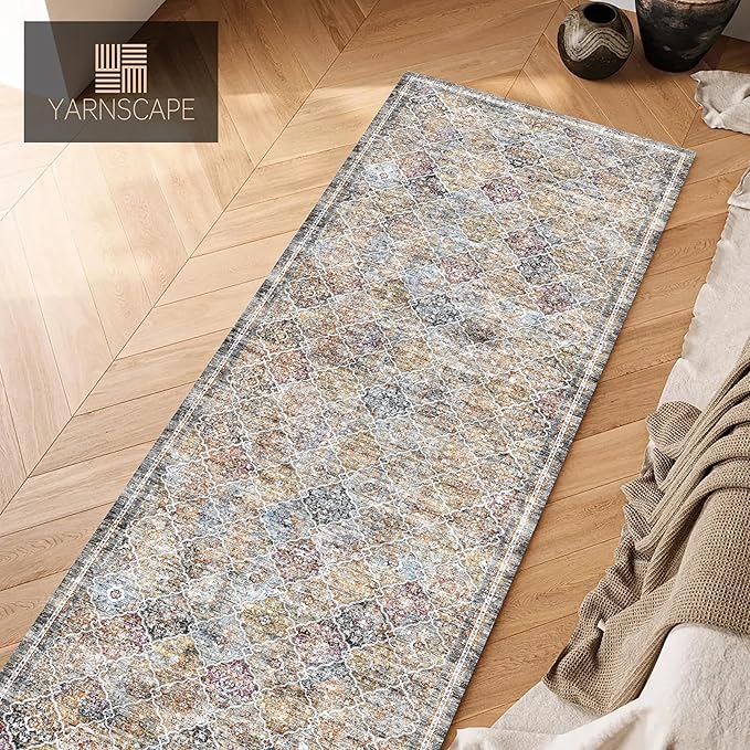 2'6'' x 8' Washable Area Rug - Low Pile Soft Vintage Indoor Rug for Living, Dining or Bedroom - Lightweight Carpet with Non-Slip Backing - Foldable for Easy Placement, Multi