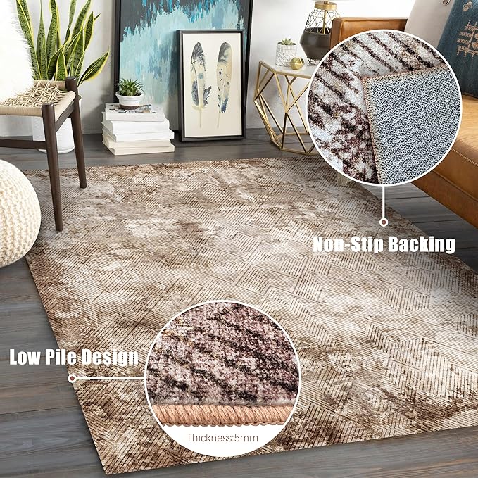 3' x 5 ' Washable Area Rug - Low Pile Soft Vintage Indoor Rug for Living, Dining or Bedroom - Lightweight Carpet with Non-Slip Backing - Foldable for Easy Placement, Brown