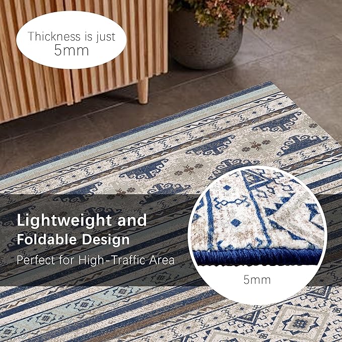 RUGSURE Washable Area Rugs 9' x 12' - 1/6 Thick - Moroccan-Inspired -Stain & Water Resistant Non-Slip - Resistant Rug for Living Room, Bedroom, Nursery, Pet & Child Friendly (Blue and Brown)