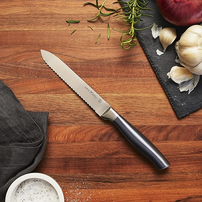 HENCKELS Graphite 4-pc Starter Knife Set, 8" Chef Knife, 5-in. Serrated Utility, 3-in. Paring Knife, and Handheld Sharpener