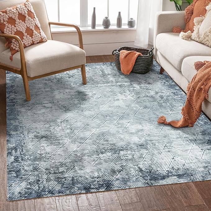9' x 12' Washable Area Rug - Low Pile Soft Vintage Indoor Rug for Living, Dining or Bedroom - Lightweight Carpet with Non-Slip Backing - Foldable for Easy Placement, Blue