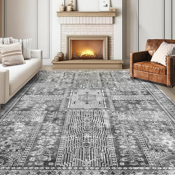 Vintage 9' x 12' Washable Area Rug - Stylish Indoor Rug for Living, Dining or Bedroom - Lightweight Carpet with Non-Slip Backing - Foldable for Easy Placement and Maintenance - Grey