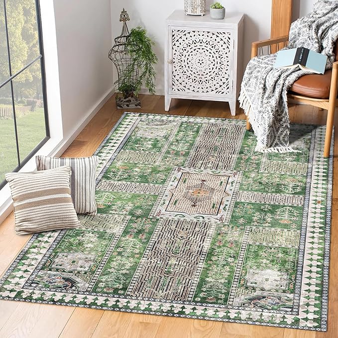 Vintage 6' x 9' Washable Area Rug - Stylish Indoor Rug for Living, Dining or Bedroom - Lightweight Carpet with Non-Slip Backing - Foldable for Easy Placement and Maintenance - Green
