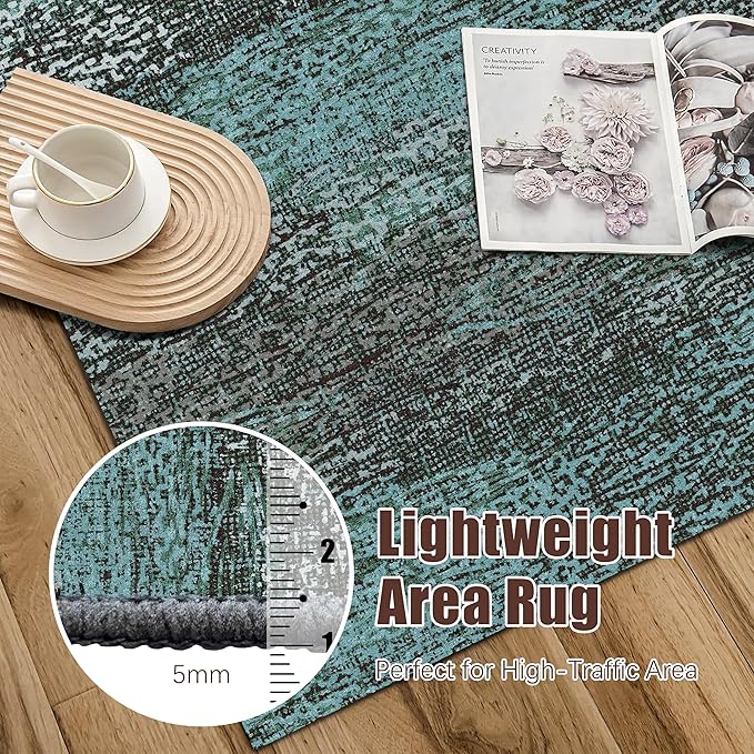 RUGSURE Washable Area Rug - 1/6 Thick - Stain & Water Resistant Non-Slip - Resistant Rug for Living Room, Bedroom, Nursery, Pet & Child Friendly, Vintage Charm Area Rugs (Green, 2'6'' x 8')