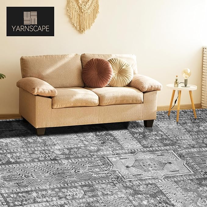Vintage 8' x 10' Washable Area Rug - Stylish Indoor Rug for Living, Dining or Bedroom - Lightweight Carpet with Non-Slip Backing - Foldable for Easy Placement and Maintenance - Grey