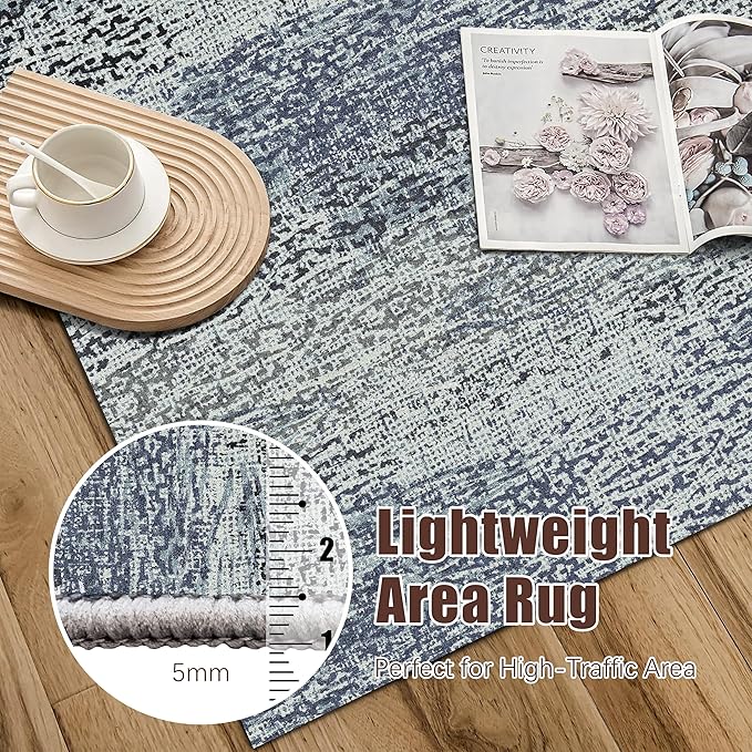 Washable Area Rug - 1/6" Thick Low-Pile - Stain & Water Resistant Non-Slip Backing - Pet & Child Friendly Vintage Speckled Design in Grey with Light Teal & White Accents (8' x 10')