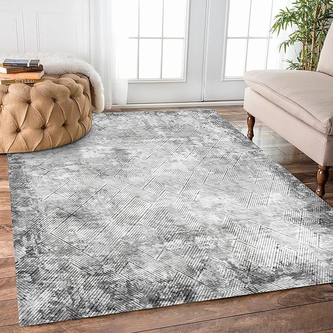 8' x 10' Washable Area Rug - Low Pile Soft Vintage Indoor Rug for Living, Dining or Bedroom - Lightweight Carpet with Non-Slip Backing - Foldable for Easy Placement, Grey