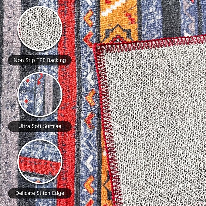 RUGSURE Washable Area Rugs 8' x 10' - 1/6 Thick - Moroccan-Inspired -Stain & Water Resistant Non-Slip - Resistant Rug for Living Room, Bedroom, Nursery, Pet & Child Friendly (Blue and Red)