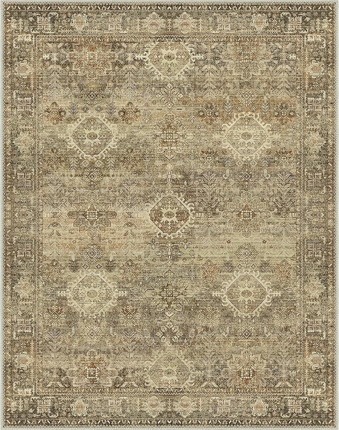 GENIMO 8X10 Area Rugs for Living Room, Machine Washable Non Slip Vintage Floral Patchwork Rug, Thin Low Pile Chenille Carpet Rugs for Bedroom, Dining Room, Straw