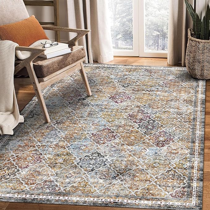 6' x 9' Washable Area Rug - Low Pile Soft Vintage Indoor Rug for Living, Dining or Bedroom - Lightweight Carpet with Non-Slip Backing - Foldable for Easy Placement, Multi