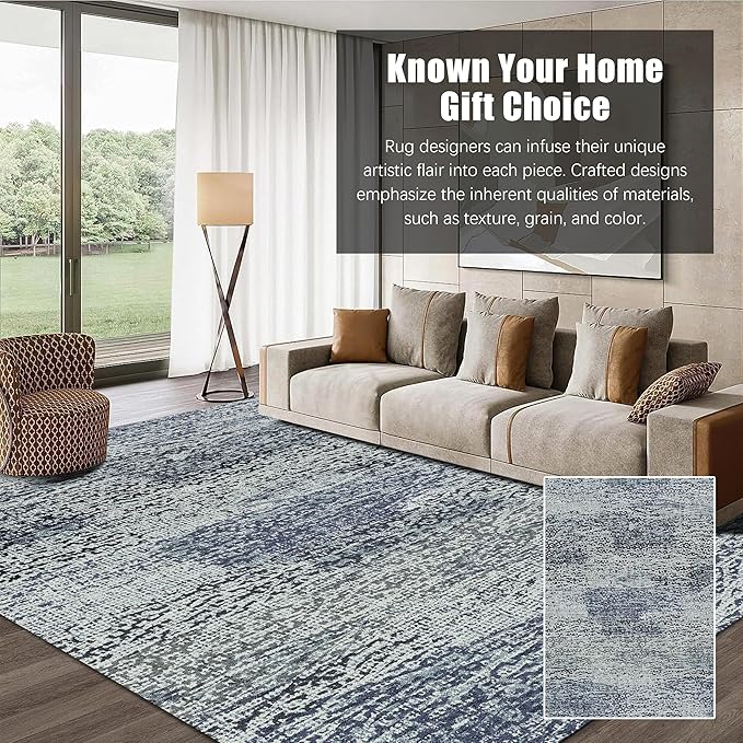 Washable Area Rug - 1/6" Thick Low-Pile - Stain & Water Resistant Non-Slip Backing - Pet & Child Friendly Vintage Speckled Design in Grey with Light Teal & White Accents (8' x 10')