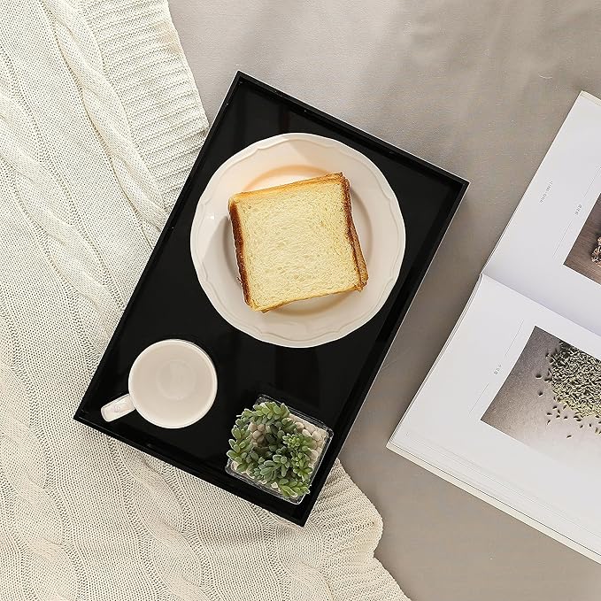 Glossy Black Sturdy Acrylic Serving Tray with Handles-10x15Inch-Serving Coffee,Appetizer,Breakfast,Butler-Kitchen Countertop Tray-Makeup Drawer Organizer-Vanity Table,Ottoman Tray-Decorative