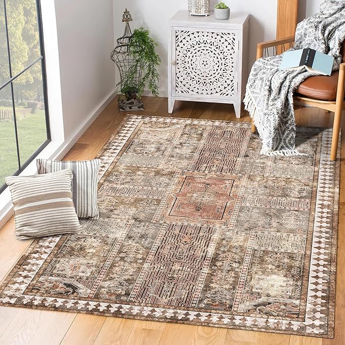 Vintage 5' x 7' Washable Area Rug - Stylish Indoor Rug for Living, Dining or Bedroom - Lightweight Carpet with Non-Slip Backing - Foldable for Easy Placement and Maintenance - Ivory