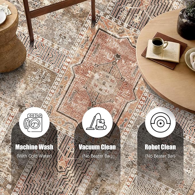 Vintage 5' x 7' Washable Area Rug - Stylish Indoor Rug for Living, Dining or Bedroom - Lightweight Carpet with Non-Slip Backing - Foldable for Easy Placement and Maintenance - Ivory