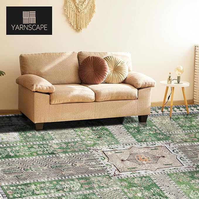 Vintage 6' x 9' Washable Area Rug - Stylish Indoor Rug for Living, Dining or Bedroom - Lightweight Carpet with Non-Slip Backing - Foldable for Easy Placement and Maintenance - Green