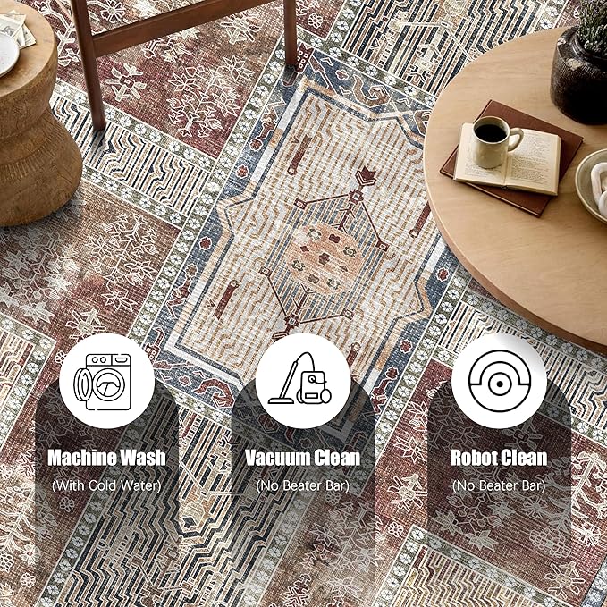 Vintage 3' x 5 ' Washable Area Rug - Stylish Indoor Rug for Living, Dining or Bedroom - Lightweight Carpet with Non-Slip Backing - Foldable for Easy Placement and Maintenance - Rust