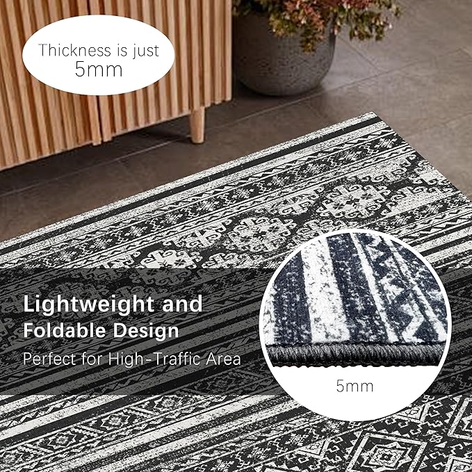 RUGSURE Washable Area Rugs 4' x 6' - 1/6 Thick - Moroccan-Inspired -Stain & Water Resistant Non-Slip - Resistant Rug for Living Room, Bedroom, Nursery, Pet & Child Friendly (Black)