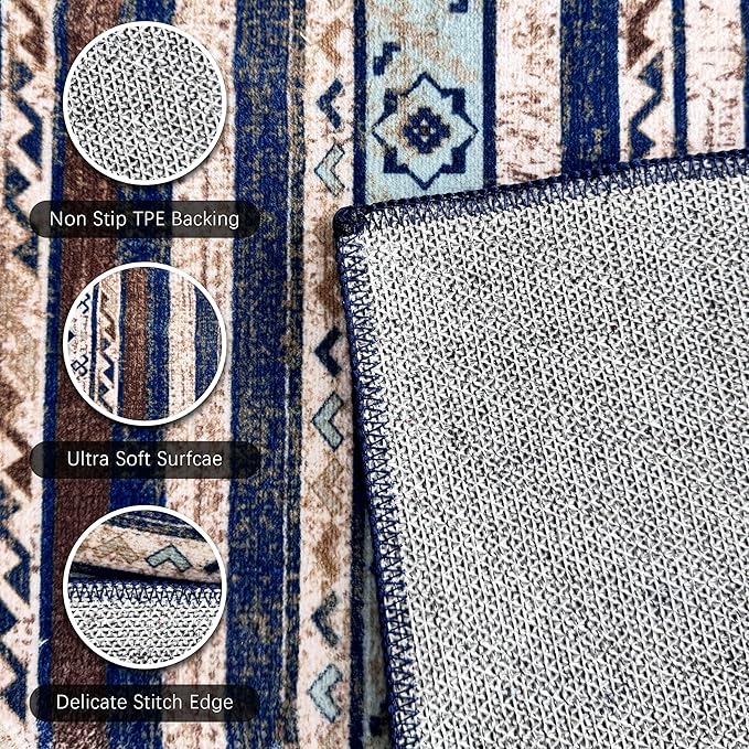 RUGSURE Washable Area Rugs 4' x 6' - 1/6 Thick - Moroccan-Inspired -Stain & Water Resistant Non-Slip - Resistant Rug for Living Room, Bedroom, Nursery, Pet & Child Friendly (Blue and Brown)