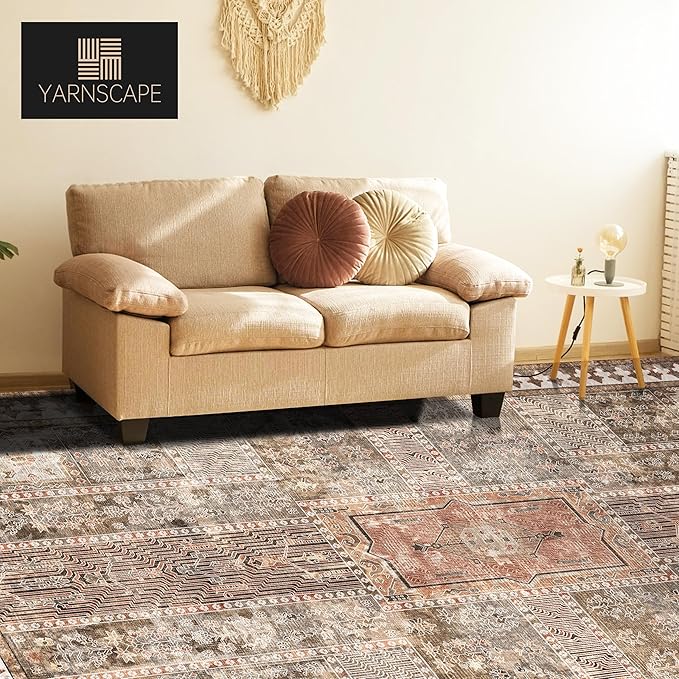 Vintage 5' x 7' Washable Area Rug - Stylish Indoor Rug for Living, Dining or Bedroom - Lightweight Carpet with Non-Slip Backing - Foldable for Easy Placement and Maintenance - Ivory